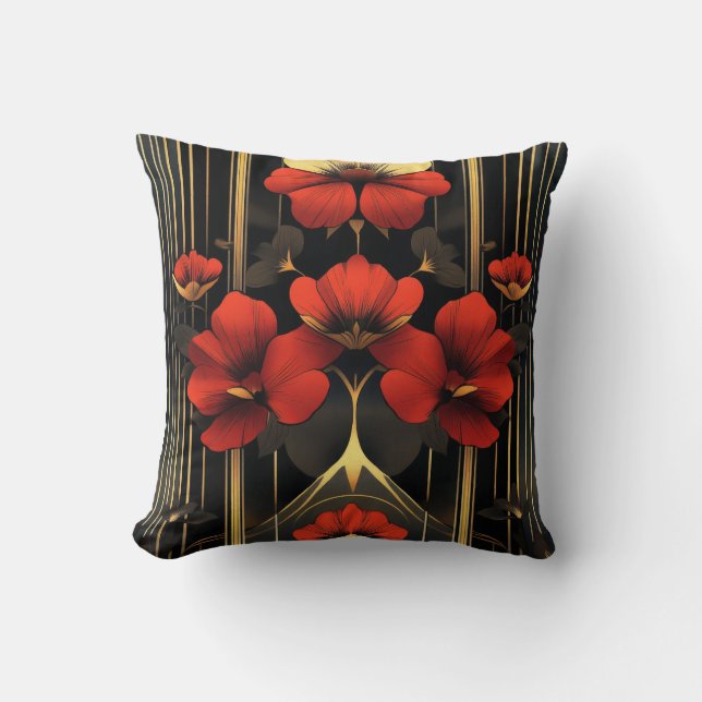Almofada Deco Floral Dourado Geométrico e Vermelho (Frente)