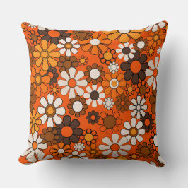 Almofada Décor Boho Marrom Laranja Floral Retrô dos Anos 70