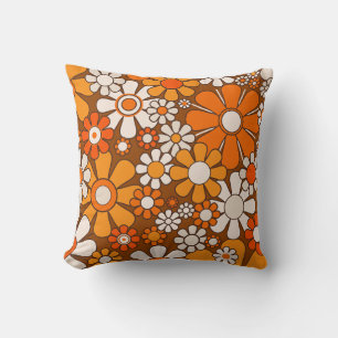 Almofada Décor Boho Marrom Laranja Floral Retrô dos Anos 70