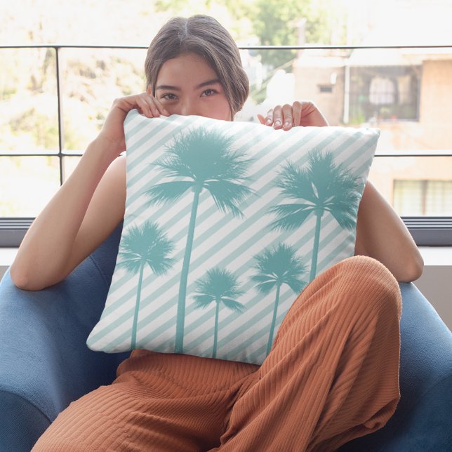 Almofada Decoração da Palm Tree Stripe Teal Beach House (Palm Tree Stripe Teal Beach House Decorative Throw Pillow)