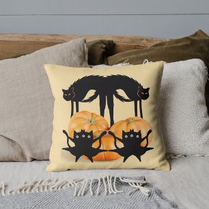 Almofada Decoração de Abóbora Preta de Gato no Halloween