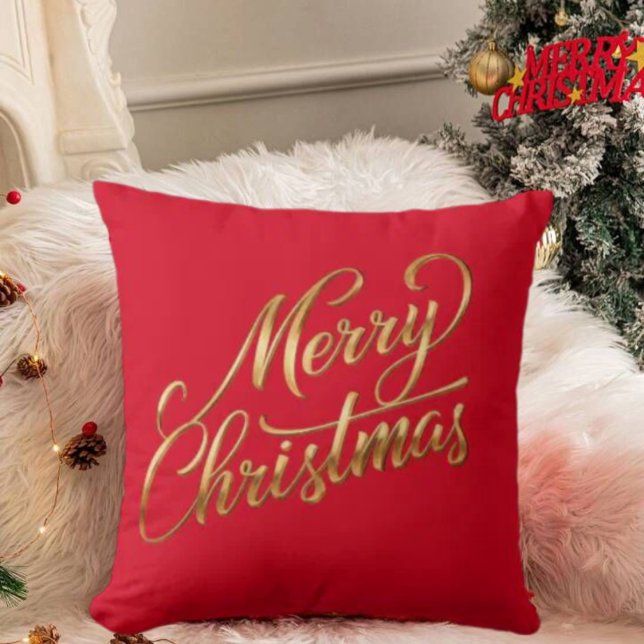 Almofada Decoração de Férias Douradas de Natal Elegante (Elegant Merry Christmas-Gold Script Holiday Decor Throw Pillow)