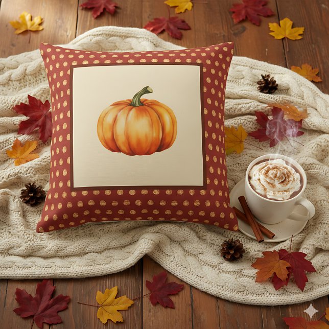 Almofada Decoração de outono em estilo fazenda com abóbora  (Decorative pumpkin pillow with fall leaves background.)