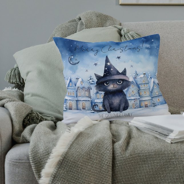 Almofada Decoração do Natal Negro de Natal (Black Wizard Cat Christmas Throw Pillow - Magical Throw Pillow with Unique Watercolor Design)