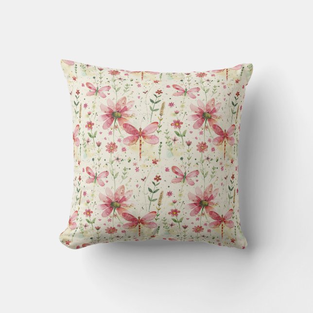 Almofada Decoração Floral Libélula Rosa para Casa  (Frente)