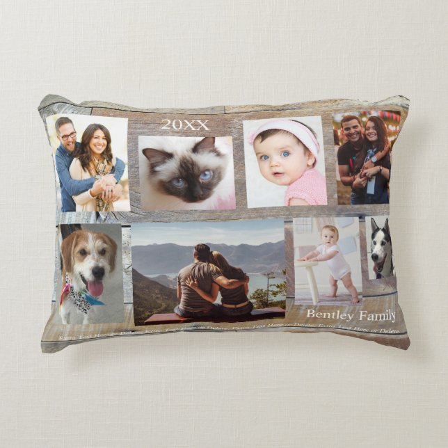 Almofada Decorativa 8 Fotografias da Família, Granel de Madeira, Nome  (Frente)