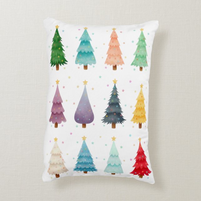 Almofada Decorativa Alegres e Radiantes, Árvores de Natal em Aquarela (Verso(Vertical))
