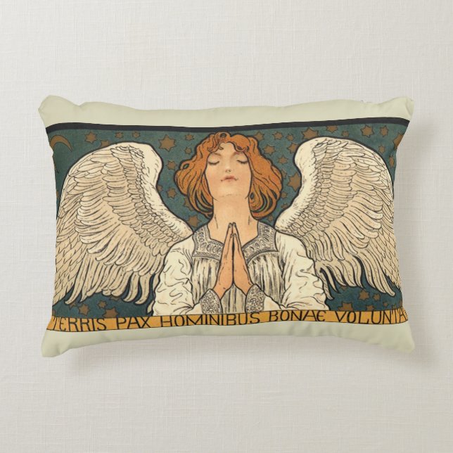 Almofada Decorativa Anjo Religioso Antigo Rezando com Estrelas Dourada (Frente)
