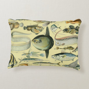 Almofada Decorativa Arte De Pesca Científica Dos Peixes Vintage