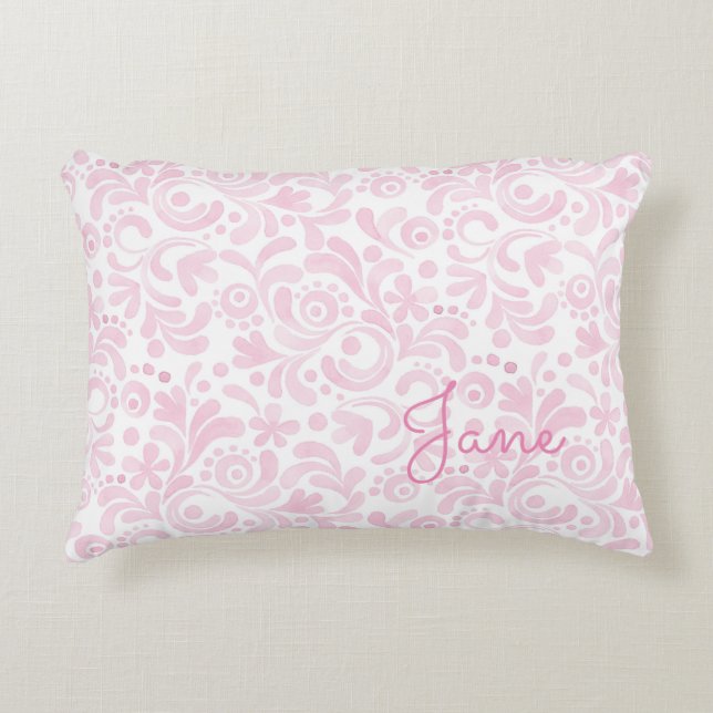 Almofada Decorativa Arte floral aquarela NAME rosa doce e feminino (Frente)