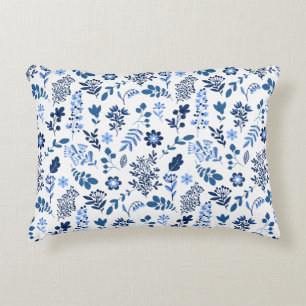 Almofada Decorativa Arte Popular Moderna Floral Impressão Azul Branco