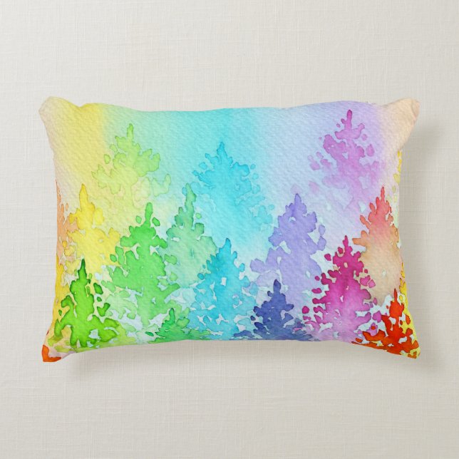 Almofada Decorativa Árvores de Aquarela Arco-Íris (Frente)