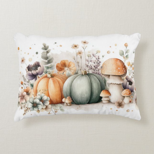Almofada Decorativa Autumn Pumpkins and Flowers Fall Pattern  (Frente)