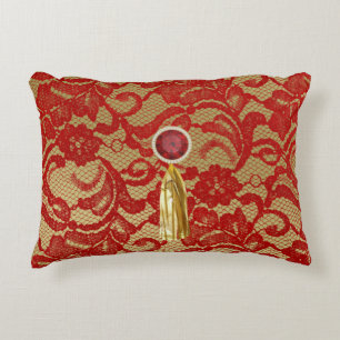 Almofada Decorativa Azar Floral Vermelho e Dourado, Joia e Tassel Dour