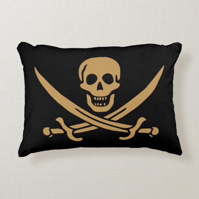 Almofada Decorativa Aztec Dourado Crânio e Cutlass Pirata Calico Jack (Frente)