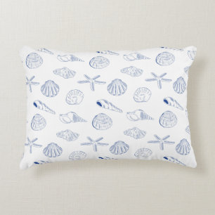 Almofada Decorativa Azul Branco Desenho Mão Branca Areia Verão da Prai