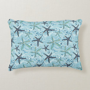 Almofada Decorativa Azul-claro e Starfish Dourado no padrão das ondas