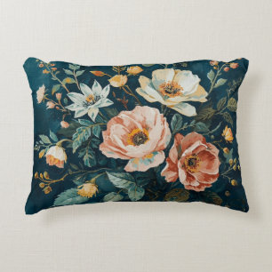 Almofada Decorativa Azul Teal Escuro Laranja Floral Vintage Cottagecor