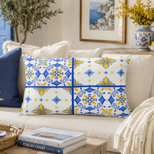 Almofada Decorativa Azulejo Azul Amarelo Mediterrâneo Patchwork