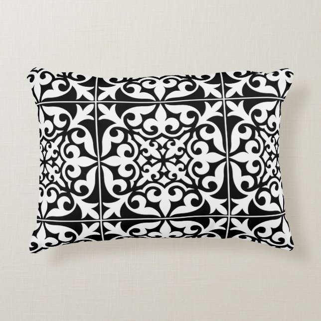 Almofada Decorativa Azulejo marroquino - branco com fundo preto (Frente)
