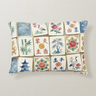 Almofada Decorativa Azulejos de Chinoiserie Mahjong Flores Aquarela Pá