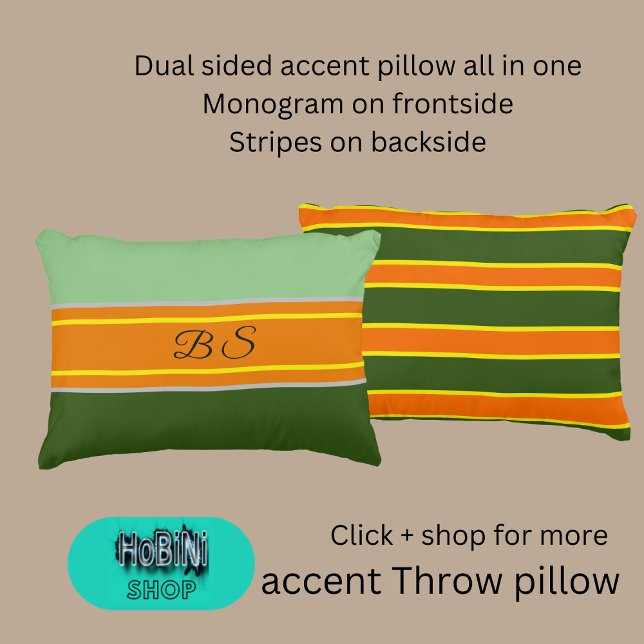 Almofada Decorativa banda monográfica verde-alaranjada de lado duplo (Dual sided throw pillow all in one
Monogram on frontside
Stripes on backside)