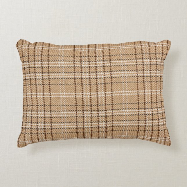 Almofada Decorativa Beige Tartan: Clássica Xadrez Weave. (Frente)