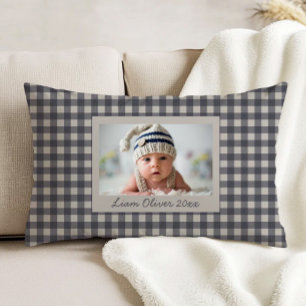 Almofada Decorativa Berçário Personalizado com Foto em Xadrez Azul Mar