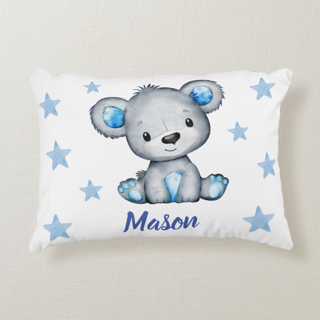 Almofada Decorativa Blue Bear boy com estrelas Travesseiro de nome per (Frente)