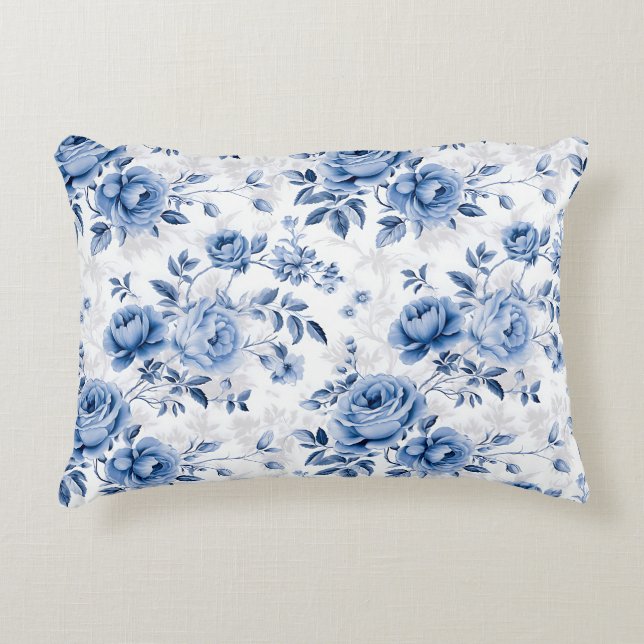 Almofada Decorativa Blue Floral Rose Pattern Throw Pillow (Frente)