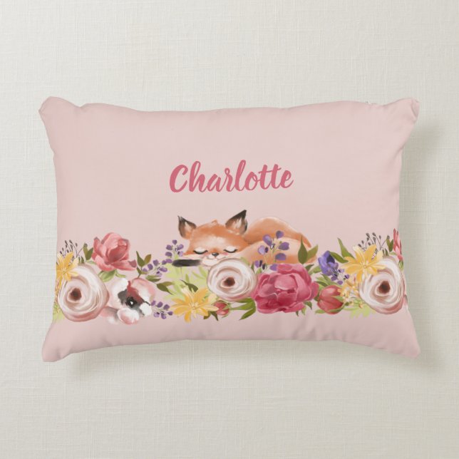 Almofada Decorativa Boca-branca Raposa Dormida em Flores Nome Rosa (Frente)