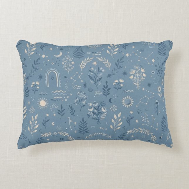 Almofada Decorativa Boho Celestial Botânico Azul Poeirento Aconchegant (Frente)