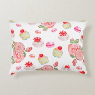 Almofada Decorativa Bolos doces e rosas de aquarela