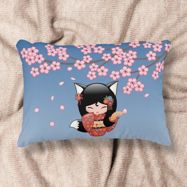 Almofada Decorativa Boneca Kokeshi Kitsune - Garota Geisha Raposa Pret (Criador carregado)