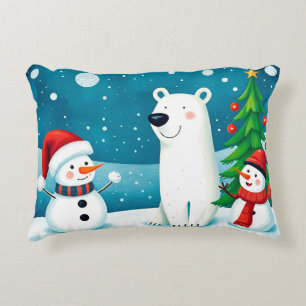 Almofada Decorativa Boneco de Neve Festivo e Urso Polar Celebrando o I