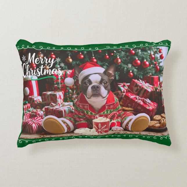 Almofada Decorativa Bonito Natal Boston Terrier em pijama (Frente)