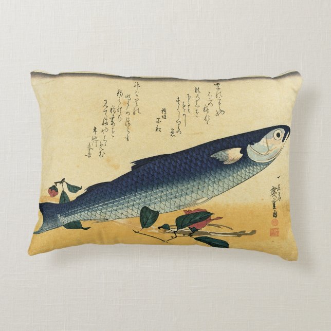 Almofada Decorativa Bora (Cinza) Hiroshige's Japan Fish Impressão (Verso)