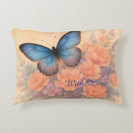Almofada Decorativa Borboleta Azul Elegante e Peach Floral Watercolor