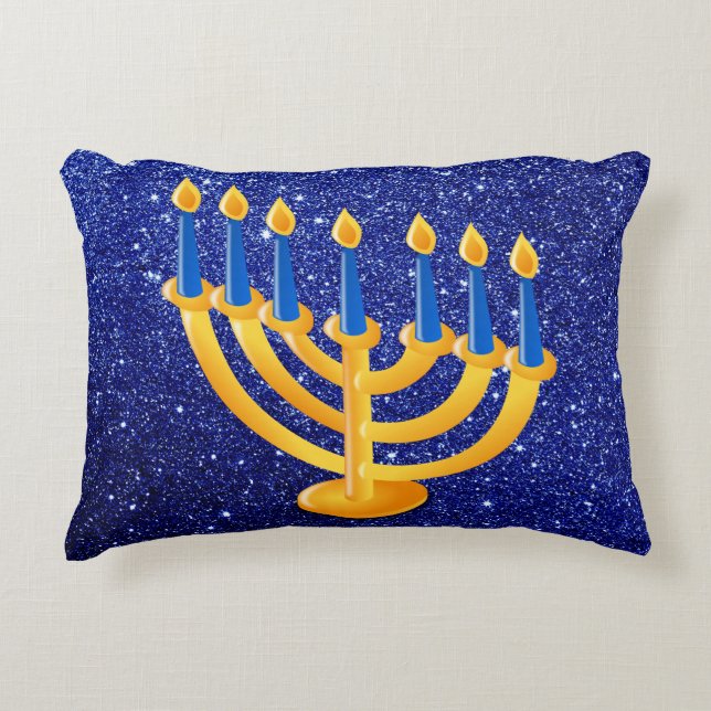 Almofada Decorativa Brilho azul Dourado do falso de Menorah (Frente)