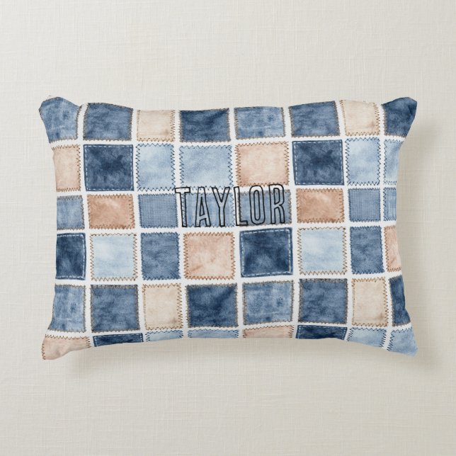 Almofada Decorativa Brilho Azul Falso Denim Creme  (Frente)