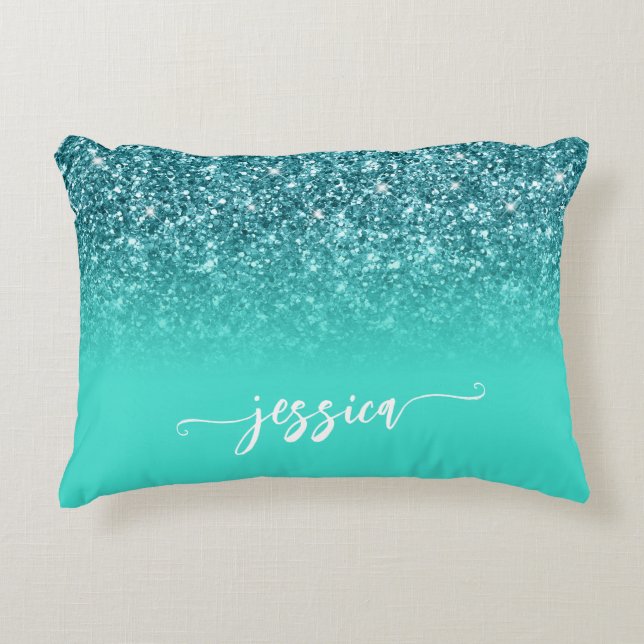 Almofada Decorativa Brilho Turquesa Verde Água Ombre Moderno Script (Frente)