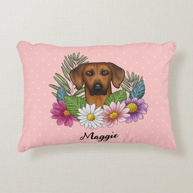 Almofada Decorativa Cabeça de Cão Ridgeback da Rodésia Verão Florais R (Frente)