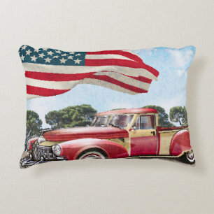 Almofada Decorativa Caminhão de coleta vermelho: Vintage na bandeira a