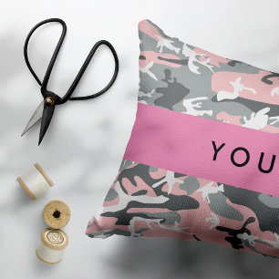 Almofada Decorativa Camuflagem Rosa e Cinza Personalize seu nome