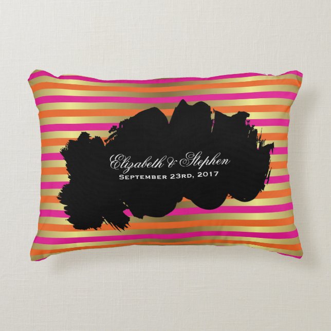 Almofada Decorativa Casamento Dourado de faixas metálicas cor-de-rosa, (Frente)