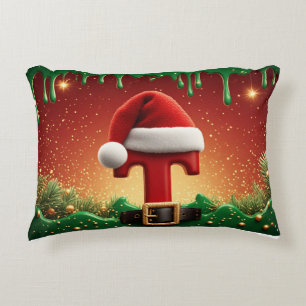 Almofada Decorativa Chapéu de Papai Noel Inicial T Para Sobrenomes