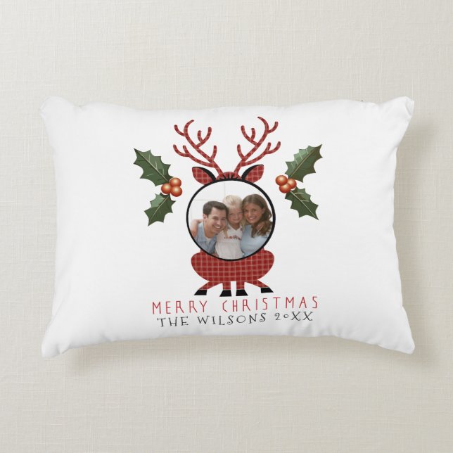 Almofada Decorativa Christmas Plaid Reindeer with Personalized Photo (Frente)