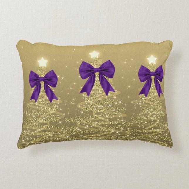 Almofada Decorativa Christmas Sparkling Trees Gold Faux Purple Bow  (Frente)