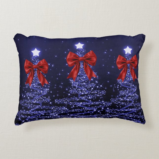 Almofada Decorativa Christmas Sparkling Trees Navy Blue Faux Red Bow  (Frente)