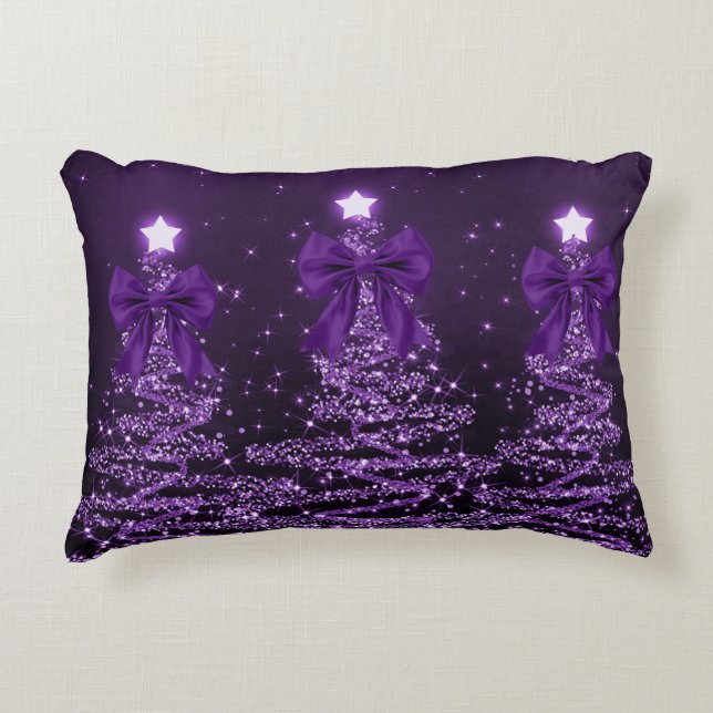 Almofada Decorativa Christmas Sparkling Trees Purple Faux Bow  (Frente)